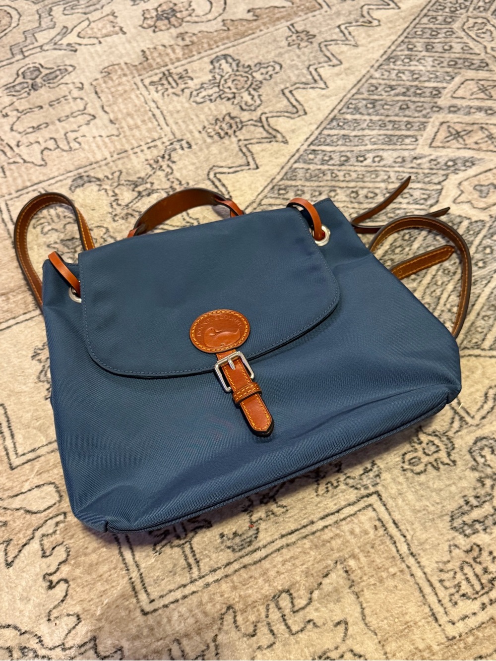 Navy Blue Women's Crossbody Backpack with Brown Trim